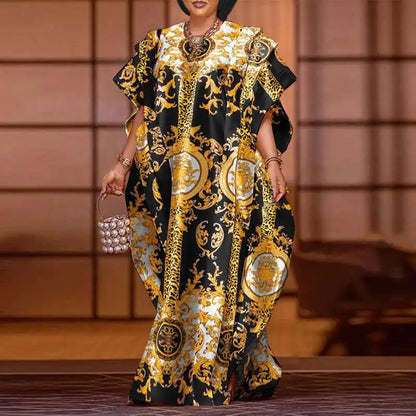 VONDA 2024 Elegant Satin Long Dress Fashion European Maxi Long Dress Sexy Printed Patchwork Bat-wing Sleeve Vestidos Ruffle Robe
