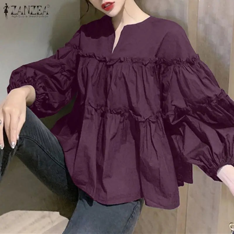 ZANZEA Fashion Women Long Puff Sleeve Blouse Autumn Spring Eelgant Shirt Ruffles Blusas Femininas Mujer Party Work Tops Tunic