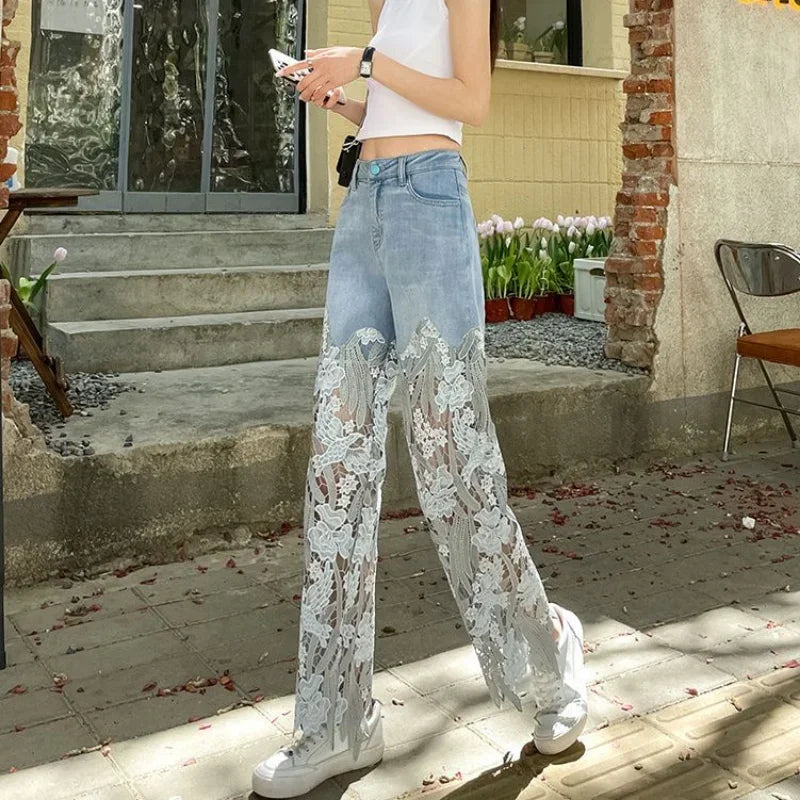 Pants for Woman and Capris Straight Leg with Rhinestones Transparent Women's Jeans Lace Grunge Spring Pant Vintage Trousers