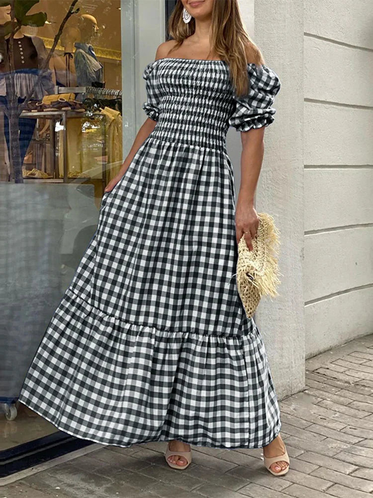 VONDA 2024 Summer Women Maxi Dress Casual Short Sleeve Square Collar Vintage Plaid Party Bohemian Vestidos Loose Long Sundress