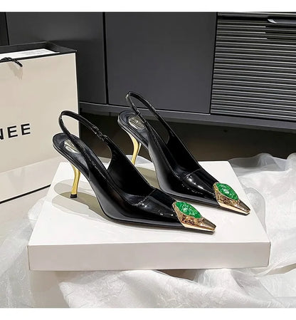 Women's Gem Metal Pointed Temperament High Heels with Sexy Empty Sandals