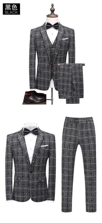 Traje De Hombre Elegante (Blazer+ Vest + Pants) Men's Fashion Business Gentleman Wedding Casual Plaid Cotton Linen British Suit