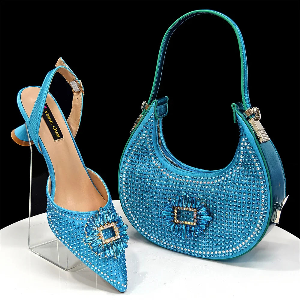 Venus Chan Luxury Rhinestone Heel & Handbag Set – Black & Gold Party Combo