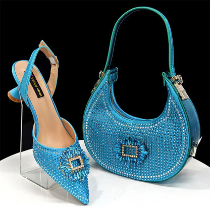 Venus Chan Luxury Rhinestone Heel & Handbag Set – Black & Gold Party Combo