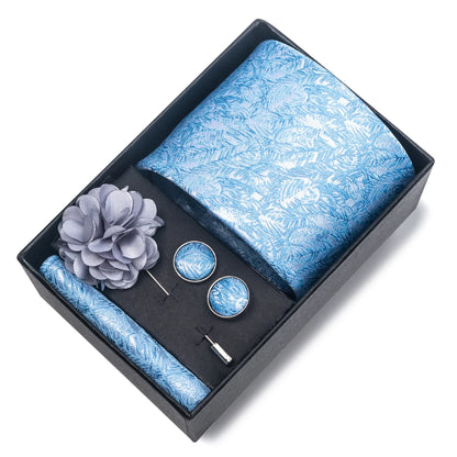 Top Grade Fashion 8 cm Wide Tie Sets Blue Stripe Men's Gravata Handkerchief Cufflink Box Fit Group Workplace Wedding Tie