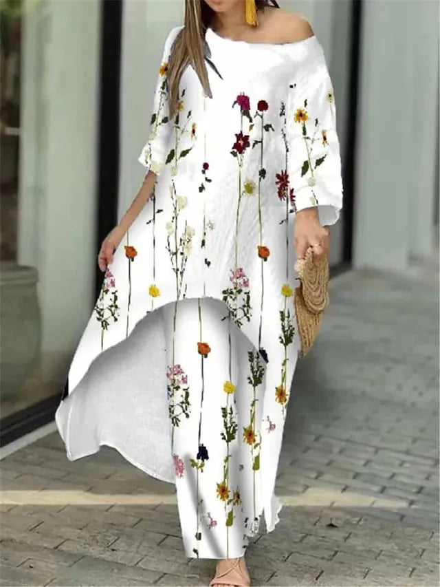 Women's Fashion Spring/Summer Casual Loose Irregular Printed Nine Sleeve Round Neck Shirt High Waist Wide Leg Pants 2-piece Set