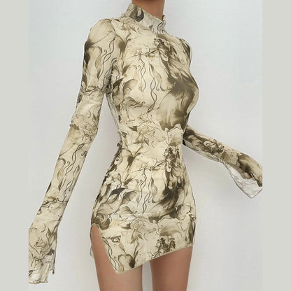 Top Selling Mesh Printed Round Neck Womens Dresses For Teens Plus Size Bell Sleeve Side Open Hip Dress Vestidos Para Mujer