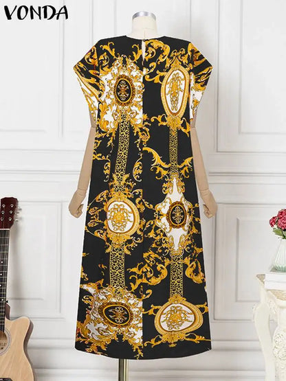 VONDA 2024 Elegant Satin Long Dress Fashion European Maxi Long Dress Sexy Printed Patchwork Bat-wing Sleeve Vestidos Ruffle Robe