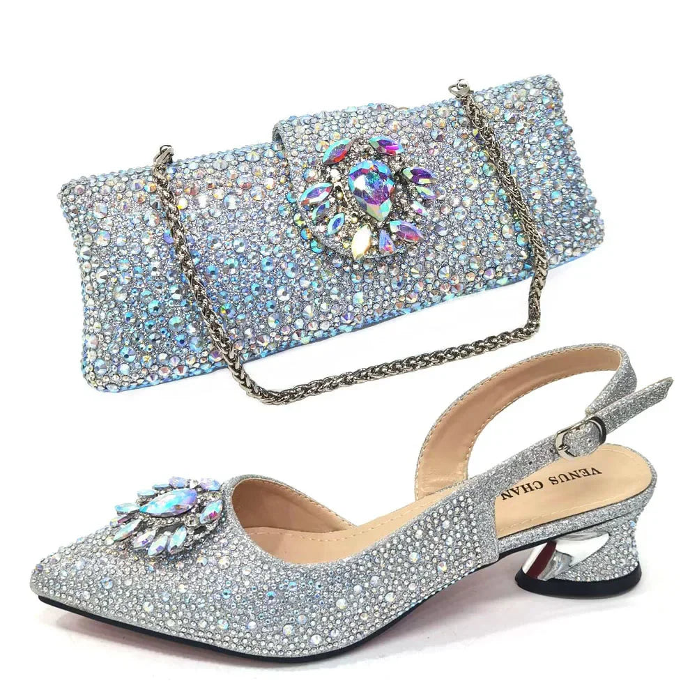 New Arrival Fashion Shoes Matching Bag Set Royal Blue Color Decorated with Crystal Ladies Wedding Party Women High Heel