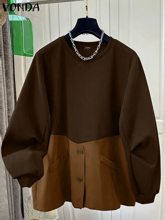 VONDA Casual Pullovers Round Neck Hoodies Spring Patchwork Contrasting Button Long Sleeved Sweatshirts 2025 Oversized Blouses