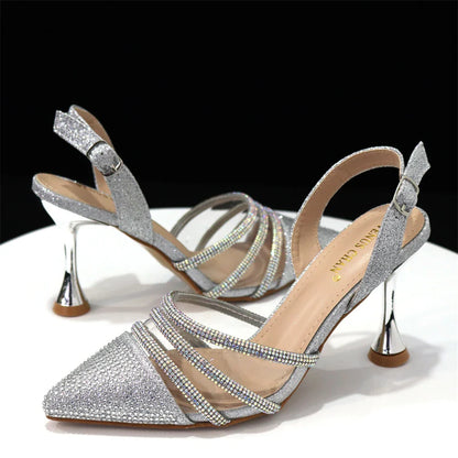 Venus Chan Shoes for Women 2023 Pointed Toe Black Heels Rhinestone Chain Party Sandals Italian Shoes and Bags Matching Set 2023
