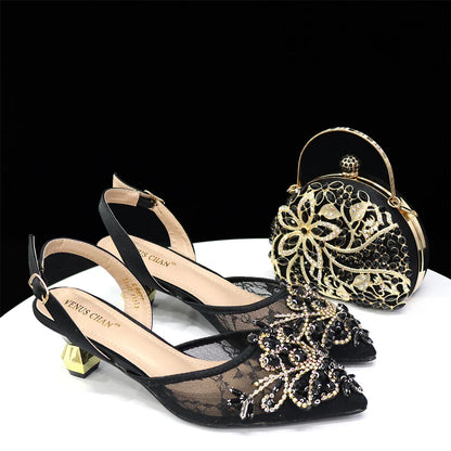 Venus Chan Nigerian Elegant Lace Net Style Green Crystal Low Heel Shoes And Three-Dimensional Mini Bag Commuter Women's Shoes