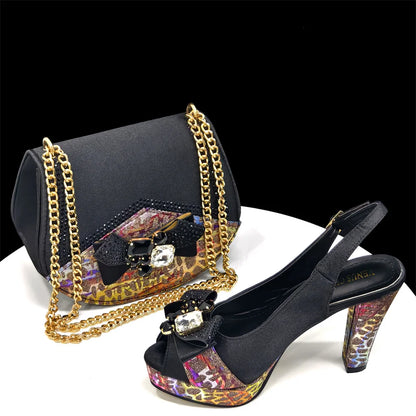 Nigerian Women Heel Party Shoes and Bag Set Royal Blue Colour Rhinestone Handbag Italian Design Wedding INS 2024