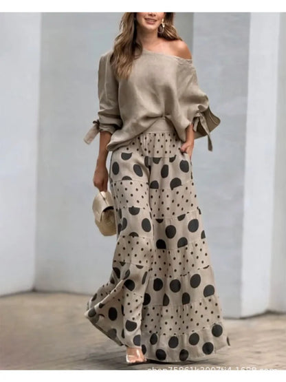 New Casual Set Fashion High Street Outfits Casual Diagonal Neck Hollow Nine-quarter Top Loose Polka Dot Printed Leg Pants Suit
