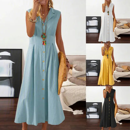 Women Cotton Linen Long Dress Summer Sleeveless Buttons Turn-down Collar Shirt Dress Loose Neck Temperament Office Dresses 2024