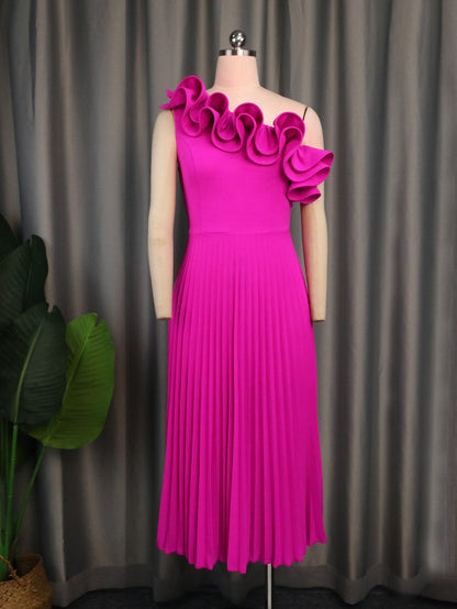 Summer One Shoulder Ruffle Pleated Dress Trendy Plus Size Sleeveless A Line Flowy Midi Dresses Cocktail Bridesmaid Wedding Guest