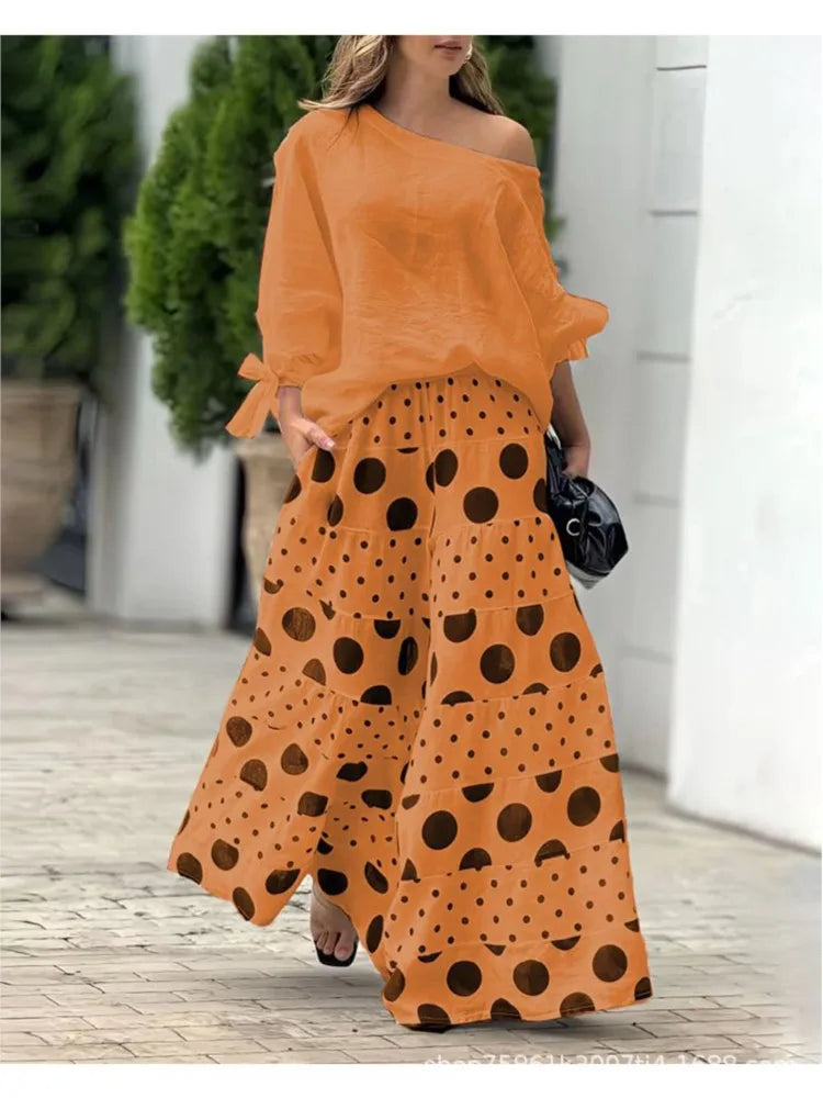 New Casual Set Fashion High Street Outfits Casual Diagonal Neck Hollow Nine-quarter Top Loose Polka Dot Printed Leg Pants Suit