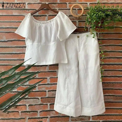 Summer Women Matching Sets ZANZEA 2PCS Elegant Short Sleeve Blouse Wide Leg Pants Fasahion OL Work Pant Sets Holiday Tracksuits