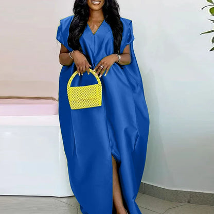VONDA Plus Size Bohemian Women Maxi Dress 2025 Summer Split Long Sundress V-Neck Short Sleeve Casual Solid Party Satin Robe 5XL
