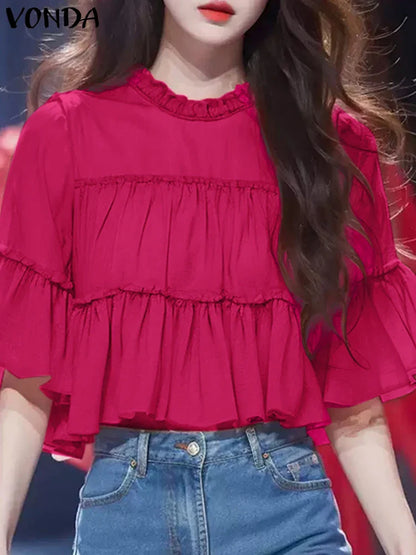 VONDA Women Ruffled Shirts 2025 Casual Flare Sleeve Tops Bohemian Blusas Solid Color Elegent Blouse Female Summer Tunic Oversize