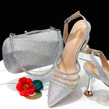 Venus Chan Shoes for Women 2023 Pointed Toe Black Heels Rhinestone Chain Party Sandals Italian Shoes and Bags Matching Set 2023