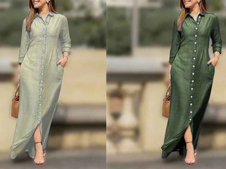 Women's Dress Single Breasted Temperament Long Sleeved Robe Retro Long Style Solid Color Casual Dress Button Up Shirt Long Style