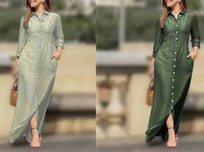 Women's Dress Single Breasted Temperament Long Sleeved Robe Retro Long Style Solid Color Casual Dress Button Up Shirt Long Style