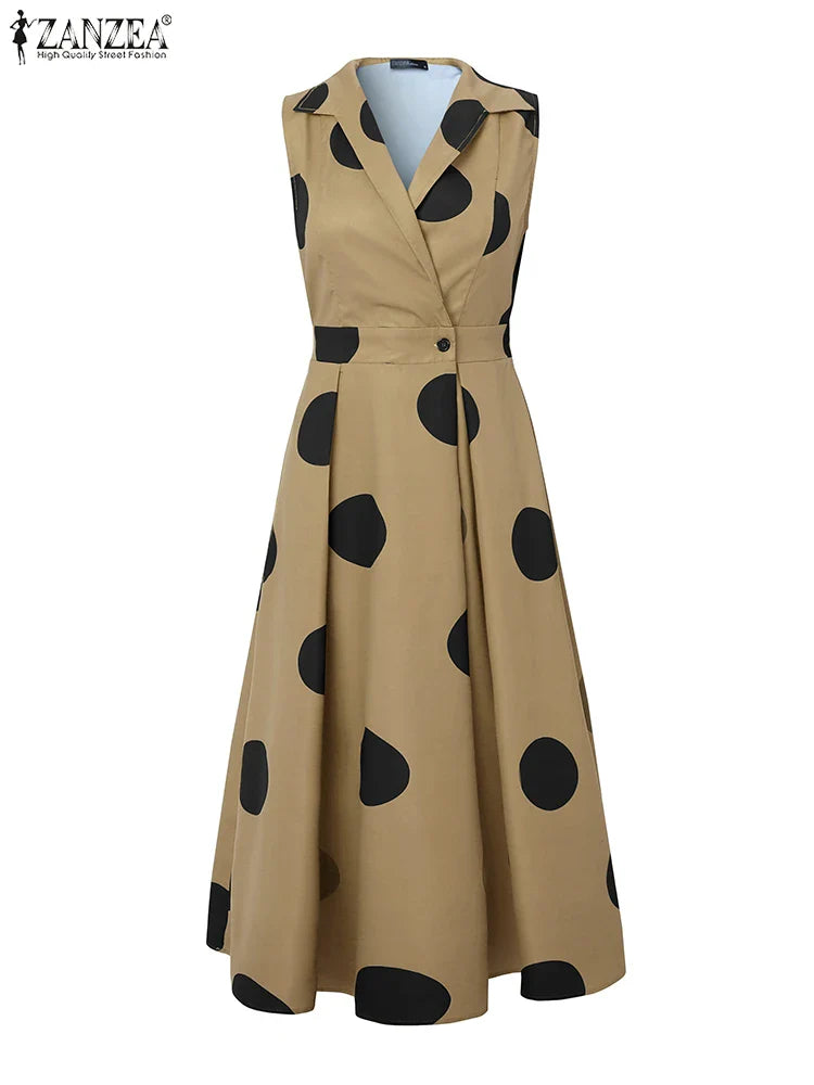 ZANZEA Summer Office Lady Sundress Woman Stylish Polka Dot Maxi Dresses Elegant Party Dress Fashion Sleeveless Holiday Robe 2025