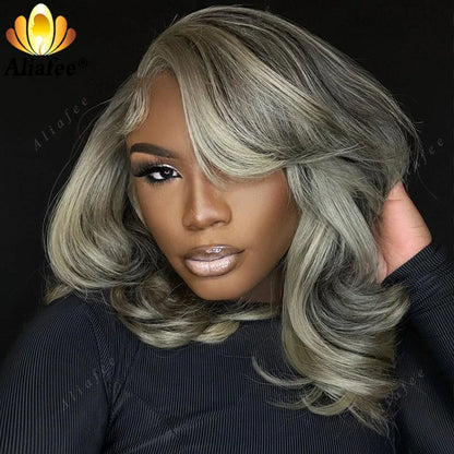 Transparent Full 13X4 Lace Frontal Wig Bob Wave Wig Gray Ash Blonde Highlight Wig Short Bob Human Hair Preplucked Wigs For Women