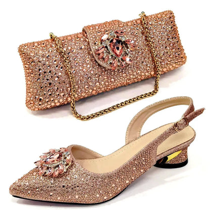 New Arrival Fashion Shoes Matching Bag Set Royal Blue Color Decorated with Crystal Ladies Wedding Party Women High Heel