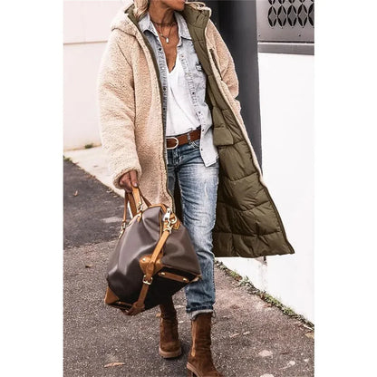 Winter Hooded Quilted Jacket For Women Solid Reversible Long Sleeve Thick Coat Warm Fashion Long Outerwear Casual Puffer Coats