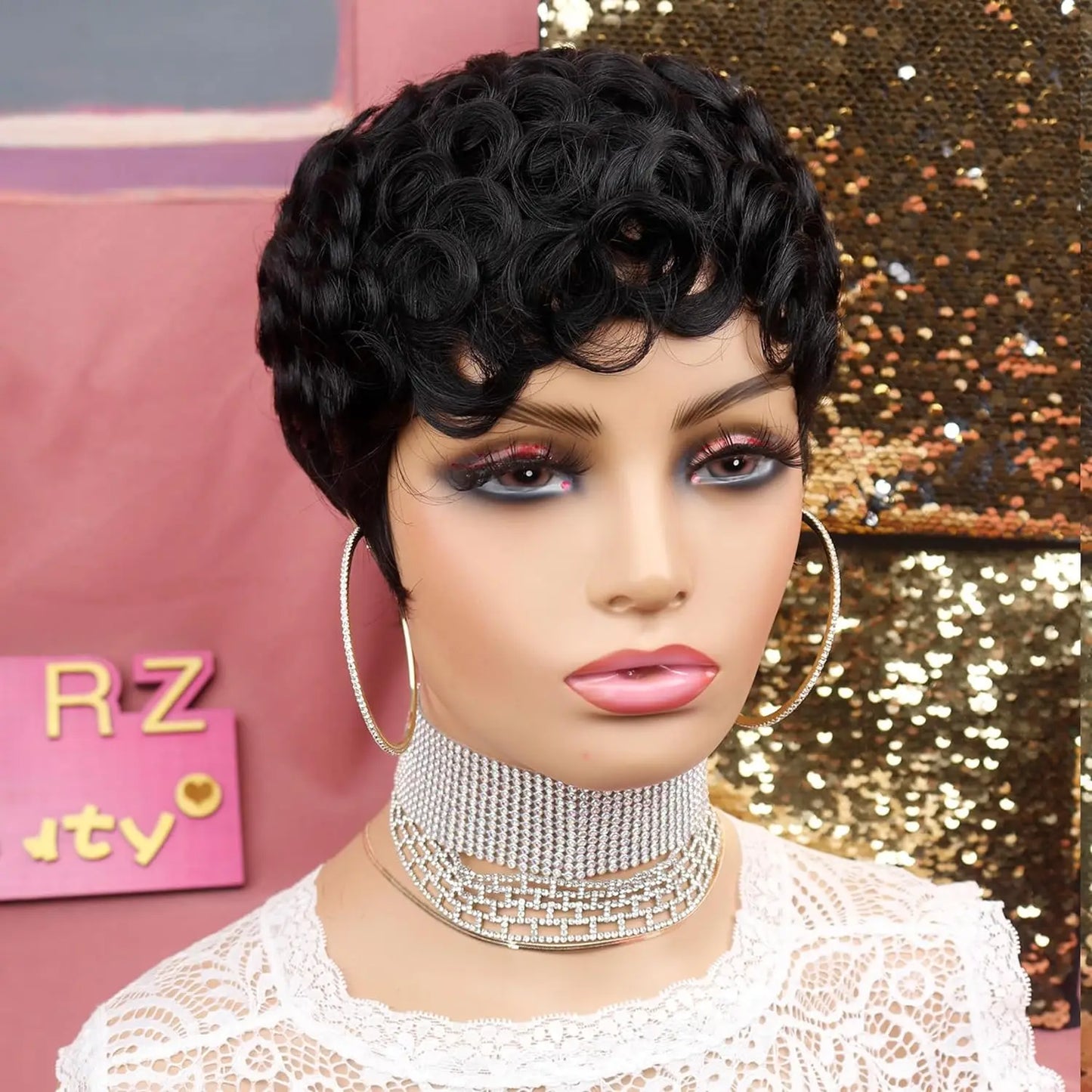 Short Pixie Wigs for Black Women Short Black Curly Pixie Wigs Synthetic Hair Wigs for Black Women Natural Wavy Black Pixie Cut W