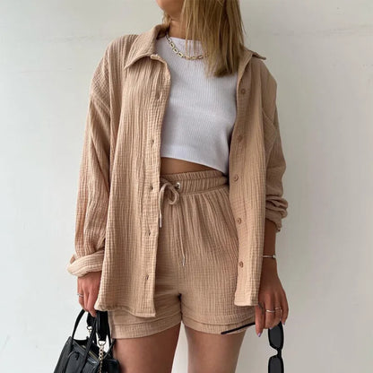 Women's Short Sets 2 Pcs Sale Grass Green Loose Button Cardigan Blouse Coats & Drawstring Wide Leg Loose Short Pant Suits