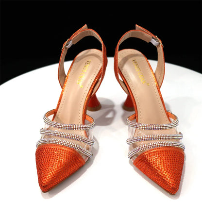 Venus Chan Shoes for Women 2023 Pointed Toe Black Heels Rhinestone Chain Party Sandals Italian Shoes and Bags Matching Set 2023