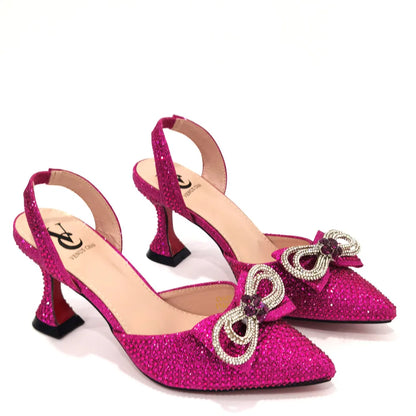 Women's Hot Pink Rhinestone Heels & Matching Handbag Set – Sparkly Bow Design by Venus Chan