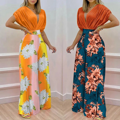 Summer New Printed Pants Sets Women Fashion Raglan Sleeves V-neck Cropped Top High Waist Wide Legs Trousers Two Piece Set Female