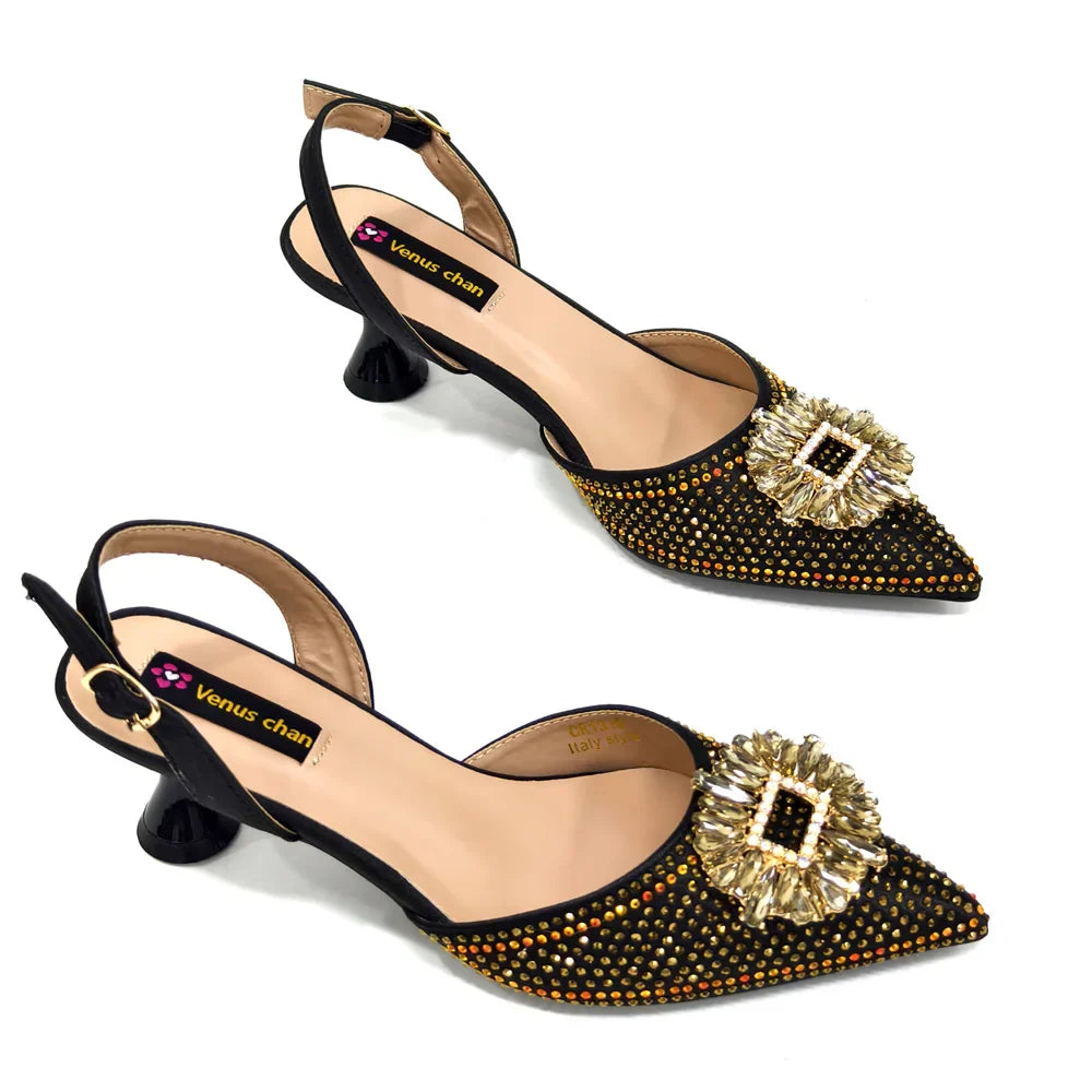 Venus Chan Luxury Rhinestone Heel & Handbag Set – Black & Gold Party Combo