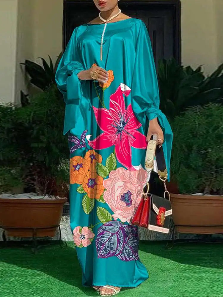 VONDA Elegant Floral Kaftan Maxi Dress – Loose Fit Satin Robe for Women