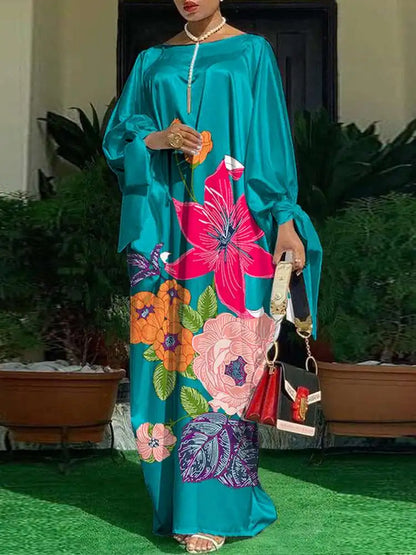 VONDA Elegant Floral Kaftan Maxi Dress – Loose Fit Satin Robe for Women