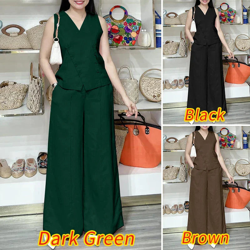 ZANZEA 2025 Summer Women Pant Sets Casual V Neck Vests Tops Wide Leg Pant 2pcs Outfits Office Lady Solid Commute Trouser Suits