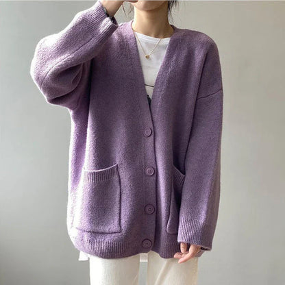 Rimcoy 2025 Chic Yellow Sweater Cardigan Women Lazy Wind Single-Breasted Knitted Cardigan Women Solid V Neck Cardigans Female