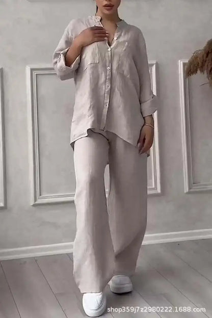 Women's Fashion Set Casual Long Sleeve Pocket Shirts + Loose Wide Leg Pants 2 Piece Set For Women Spring Autumn Women Clothes