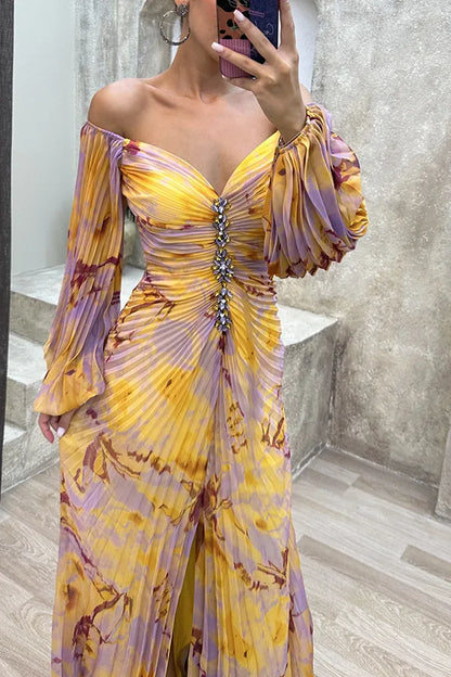 Women Floral Lantern Long Sleeve Dress Elegant Rhinestone Off Shoulder Maxi Dresses Sexy Deep V-neck  Waist Split Parties Dress