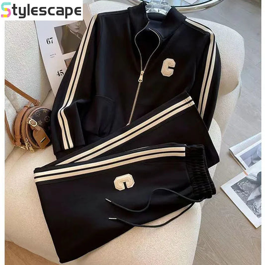 Spring and Autumn Leisure Fashion Sports Set New High end Western Style Coat Wide Leg Pants Two piece Set pant sets women pants
