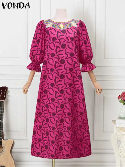 VONDA Autumn Sundress Women Bohemian Long Dress 2024 Vintage Lantern Sleeve Casual Loose Printed Party Vestidos Loose Robe Femme