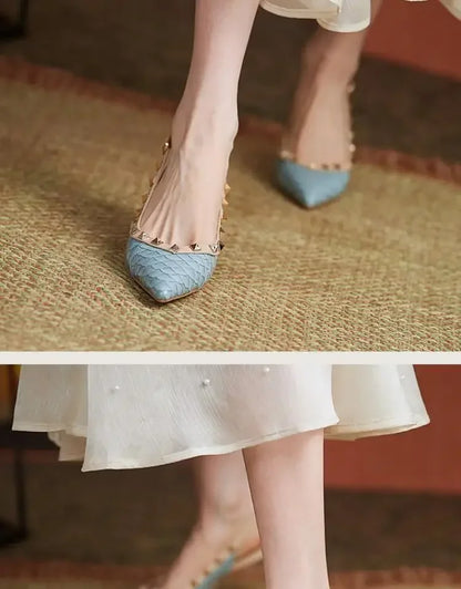 Women Sandals Rivets Pointed Toe Slingbacks Patent Leather Mid Heels Pumps Blue Snakeskin Pattern Slip on Sandalias Mujer