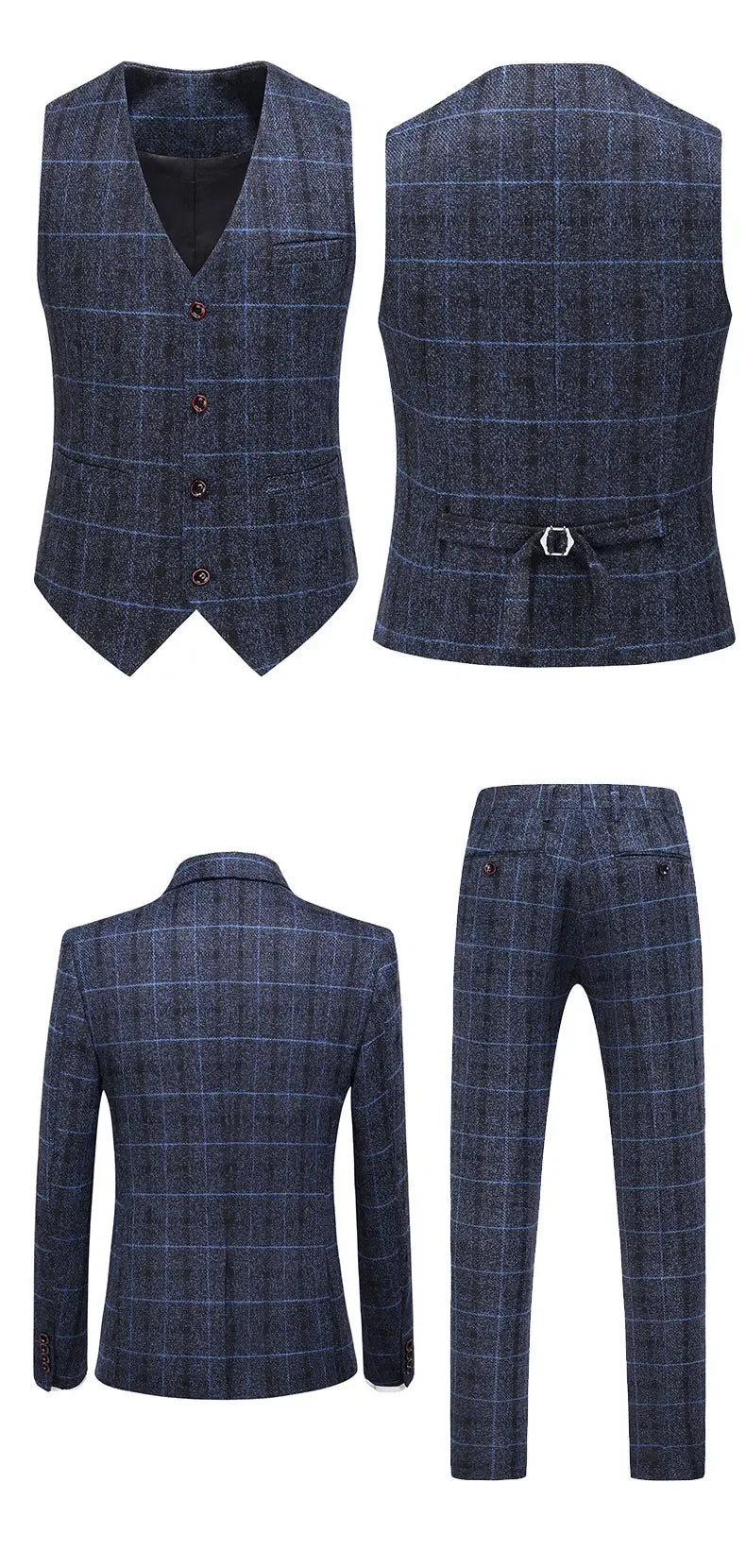 Traje De Hombre Elegante (Blazer+ Vest + Pants) Men's Fashion Business Gentleman Wedding Casual Plaid Cotton Linen British Suit