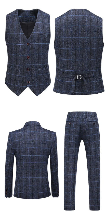 Traje De Hombre Elegante (Blazer+ Vest + Pants) Men's Fashion Business Gentleman Wedding Casual Plaid Cotton Linen British Suit
