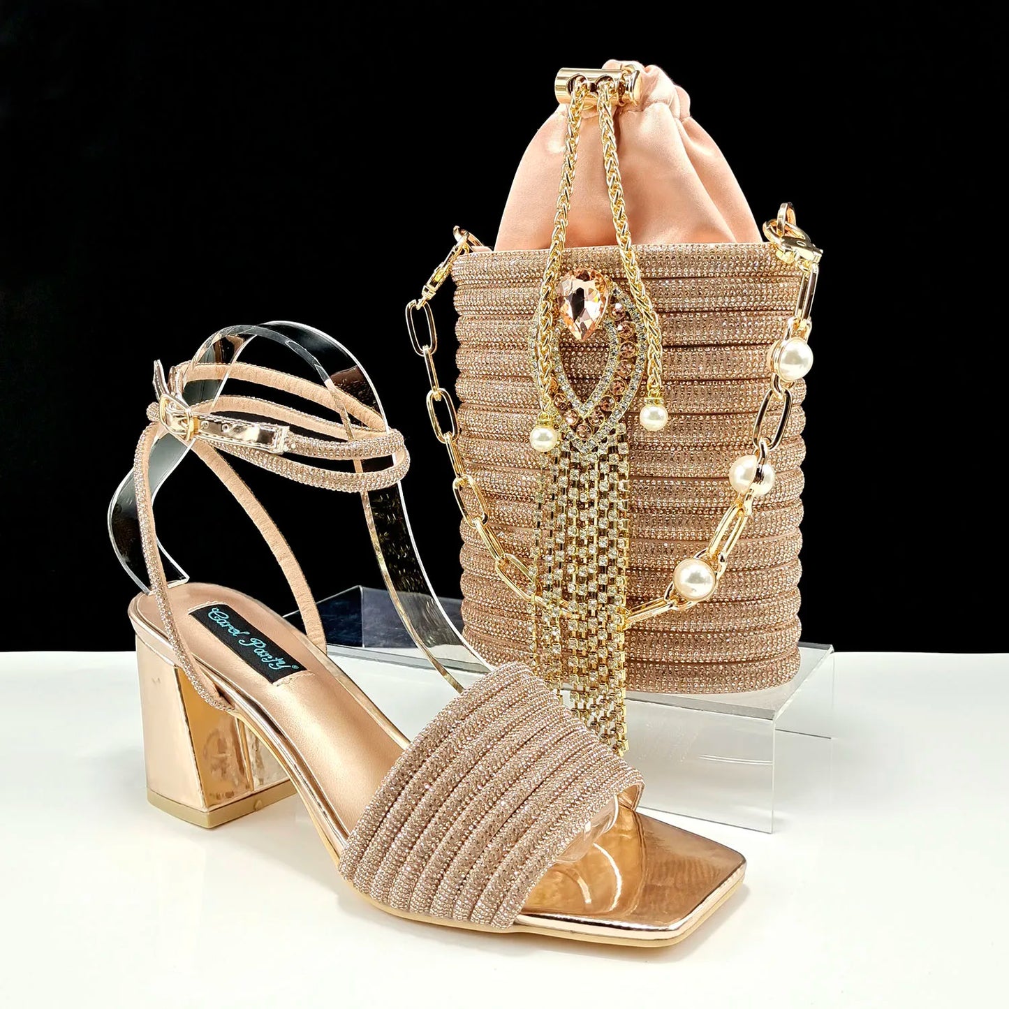 Newest Olive Colour Personalized  Design Rhinestone Decoration High Heel Peep Toe Banquet Ladies Shoes And Bag Set