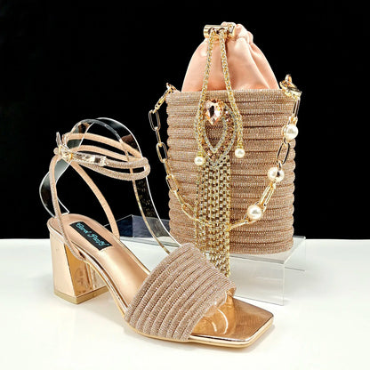 Newest Olive Colour Personalized  Design Rhinestone Decoration High Heel Peep Toe Banquet Ladies Shoes And Bag Set